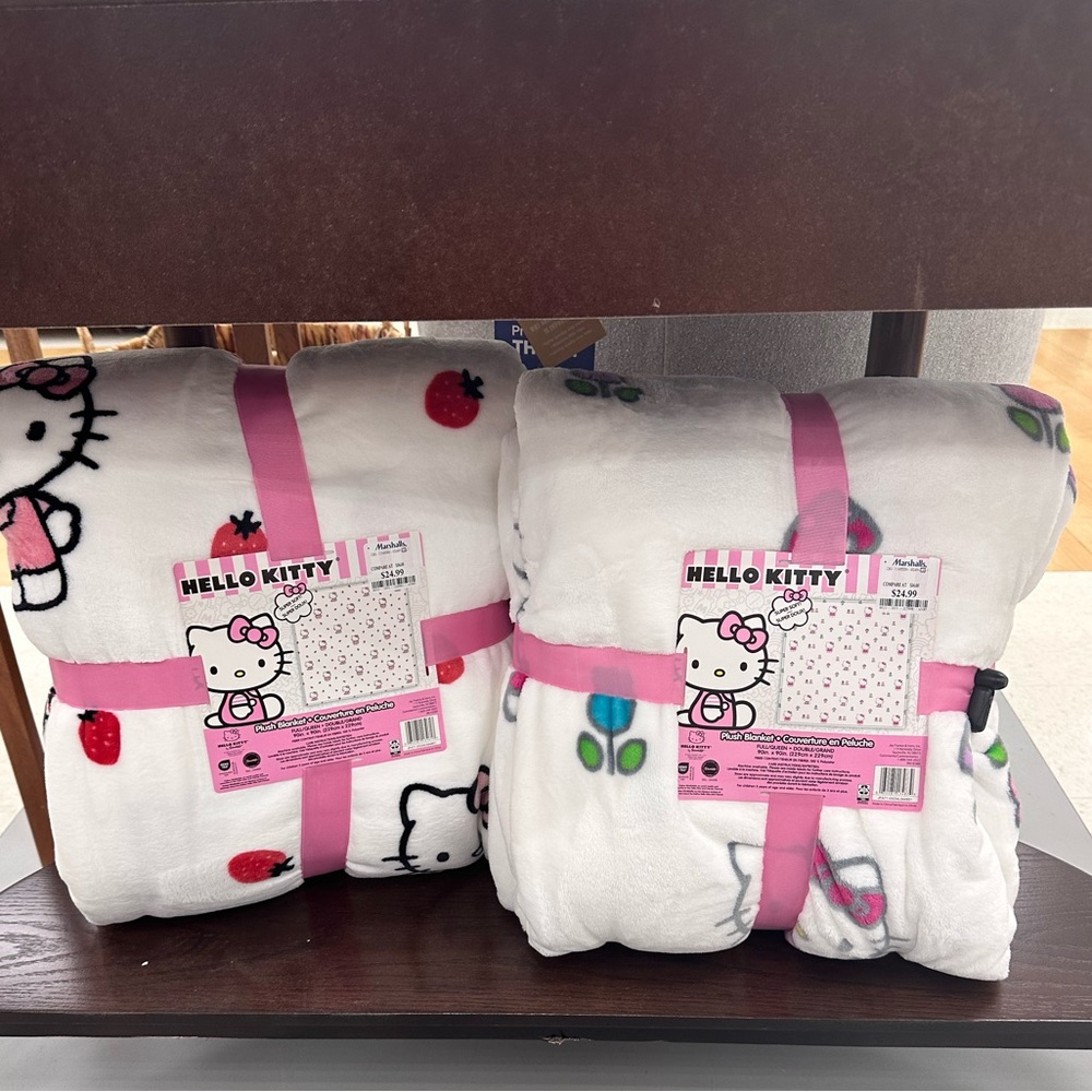 NEW Hello kitty full queen strawberry/mushroom blankets set of 2